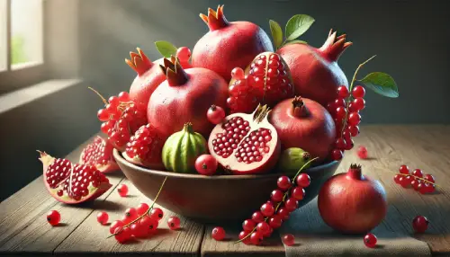 un bol de frutas con granadas, grosellas y guayabas que son frutas con g muy conocidas y sabrosas
